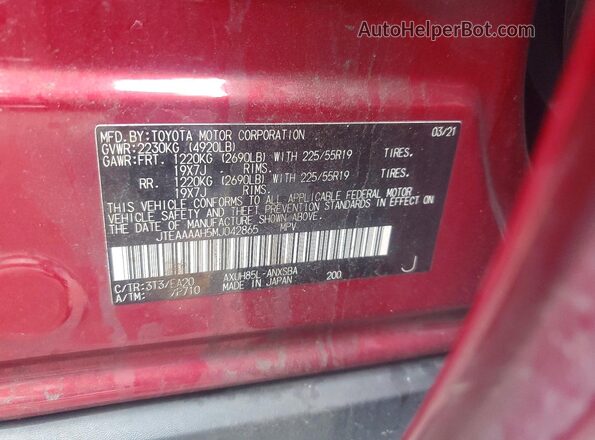 JTEAAAAH5MJ042865 2021 TOYOTA LE Red VIN კოდის სტიკერის ხედი