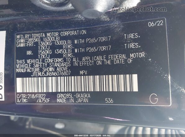 JTEMU5JR6N6076807 2022 TOYOTA 4RUNNER Black 