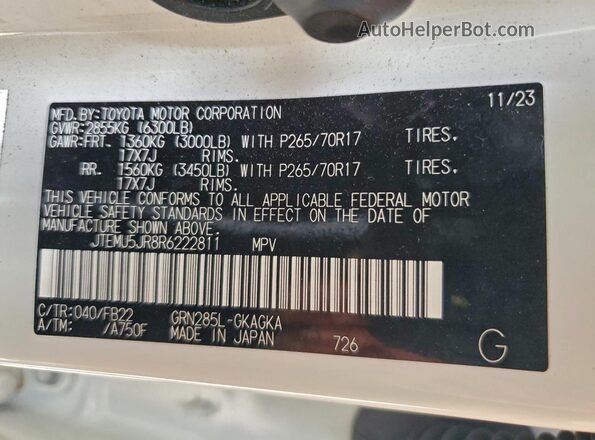 JTEMU5JR8R6222811 2024 TOYOTA 4RUNNER Белый Вид наклейки с VIN-кодом