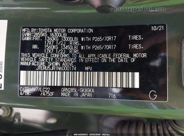 JTERU5JR1N6000174 2022 TOYOTA 4RUNNER Green Շարժիչի բաժամունքի տեսք