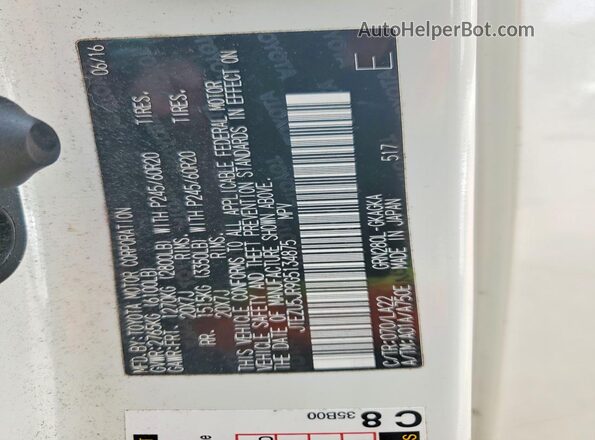 JTEZU5JR9G5134875 2016 TOYOTA 4RUNNER White VIN sticker view