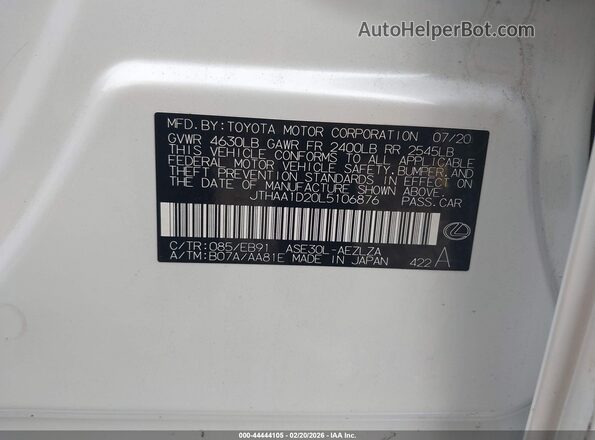 JTHAA1D20L5106876 2020 LEXUS IS 300 White Vista del compartimento del motor