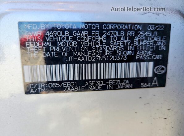 JTHAA1D27N5120373 2022 LEXUS IS White VIN կոդի պիտակի տեսք