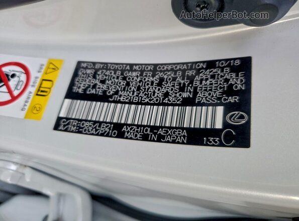 JTHB21B15K2014352 2019 LEXUS ES White 