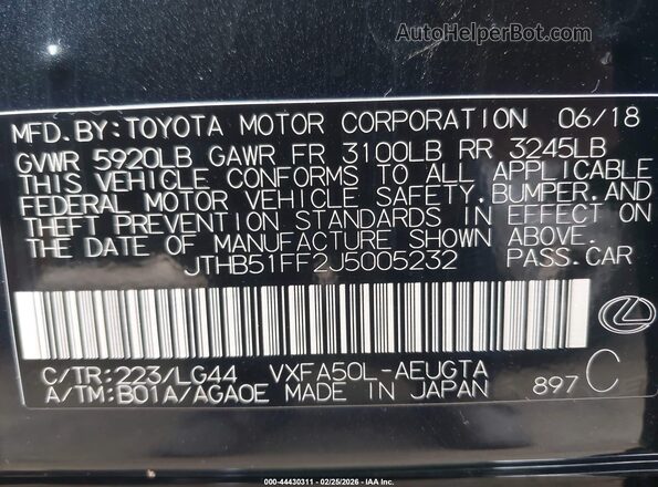 JTHB51FF2J5005232 2018 LEXUS LS 500 Black ძრავის განყოფილების ხედი