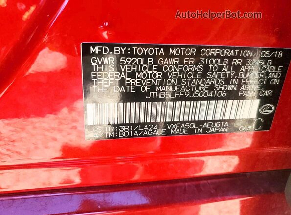 JTHB5LFF9J5004106 2018 LEXUS LS Red Вид наклейки з VIN-кодом
