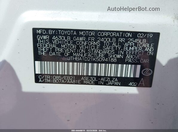 JTHBA1D21K5094188 2019 LEXUS IS 300 White ძრავის განყოფილების ხედი