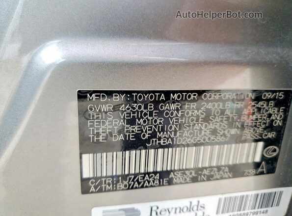 JTHBA1D26G5005867 2016 LEXUS IS Серебряный Вид наклейки с VIN-кодом