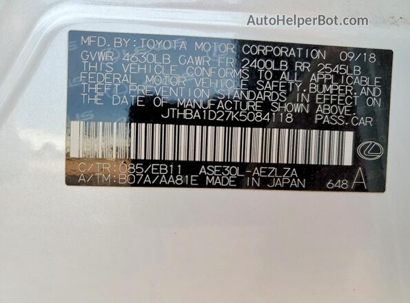 JTHBA1D27K5084118 2019 LEXUS IS White 
