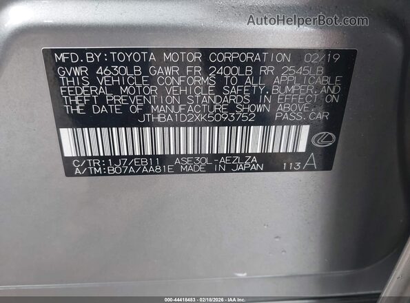 JTHBA1D2XK5093752 2019 LEXUS IS 300 Silver 