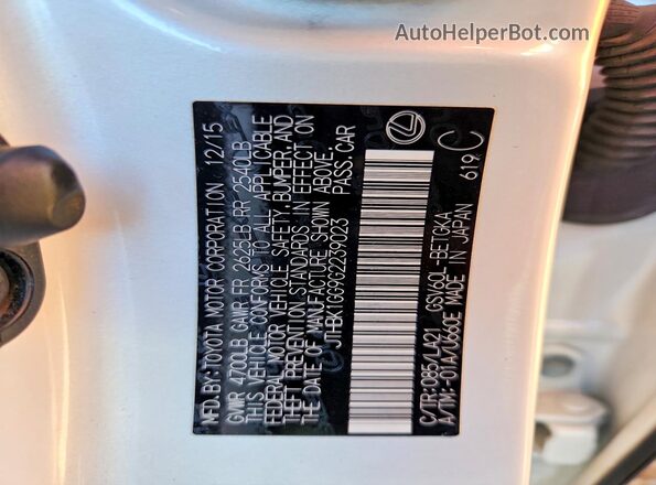 JTHBK1GG9G2239023 2016 LEXUS ES White Vista de la etiqueta del VIN