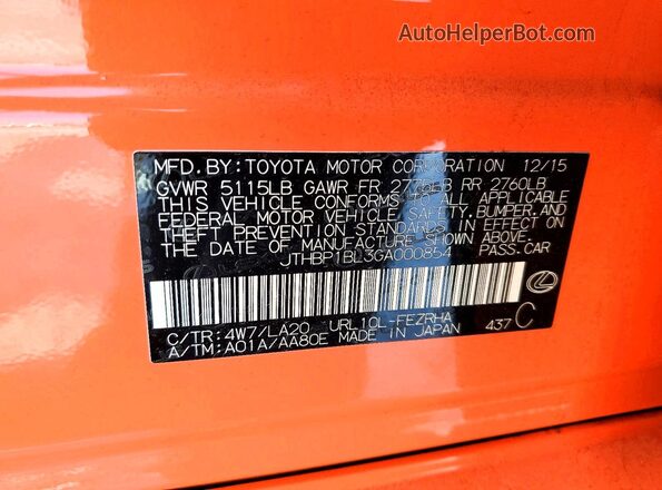 JTHBP1BL3GA000854 2016 LEXUS GS-F Orange Widok naklejki z numerem VIN