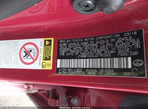 JTHBW1GG4J2190342 2018 LEXUS ES 300H Red Vista del compartimento del motor