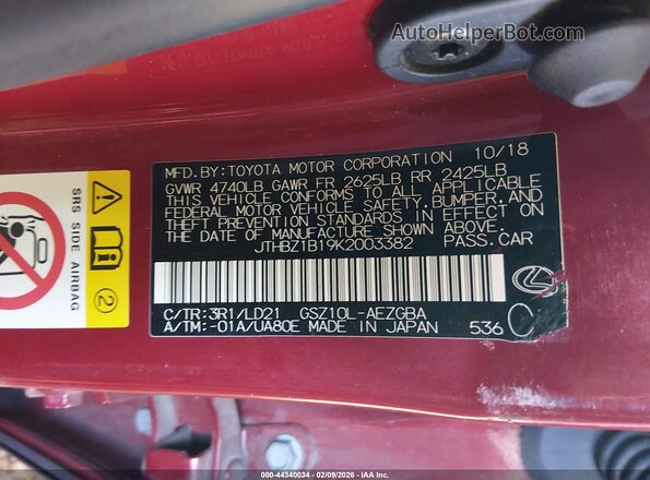 JTHBZ1B19K2003382 2019 LEXUS ES 350 Red Vista del compartimento del motor