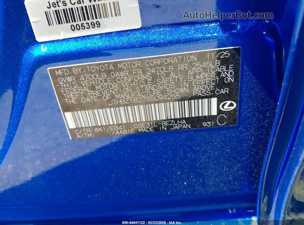 JTHBZ1B27S5094255 2025 LEXUS IS 350 Blue Vista del compartimento del motor