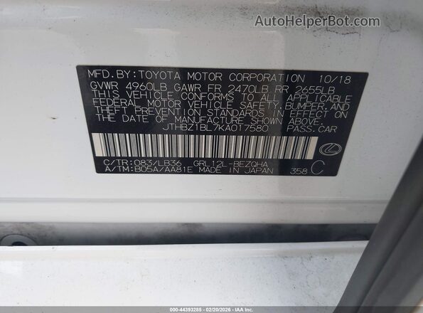 JTHBZ1BL7KA017580 2019 LEXUS GS 350 White Widok komory silnika