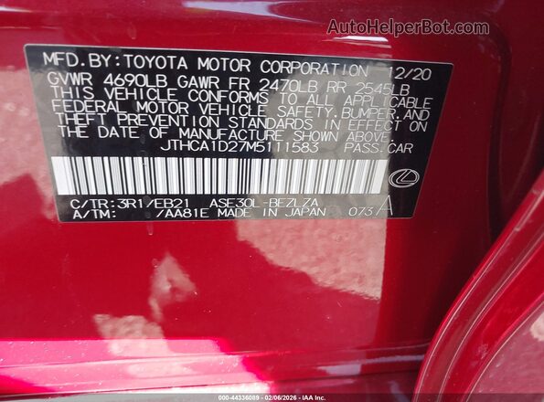 JTHCA1D27M5111583 2021 LEXUS IS 300 Red Շարժիչի բաժամունքի տեսք