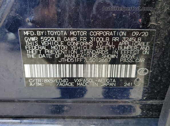 JTHD51FF7L5012687 2020 LEXUS LS Blue Widok naklejki z numerem VIN