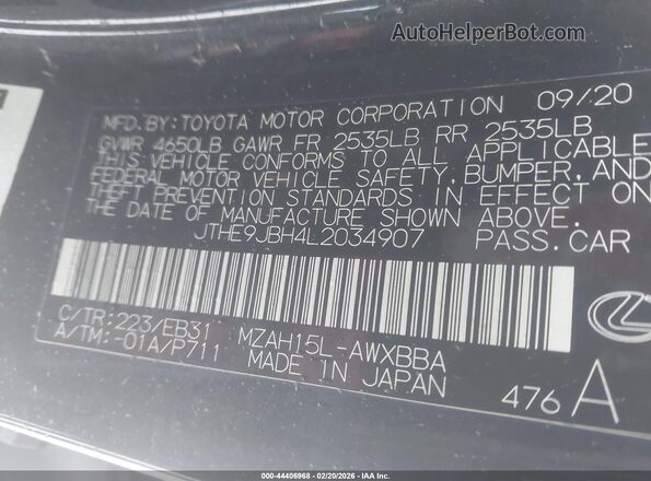 JTHE9JBH4L2034907 2020 LEXUS UX 250H Black Vista del compartimento del motor
