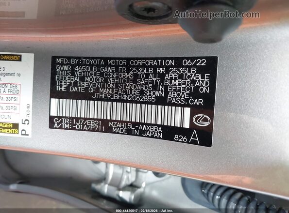 JTHE9JBH4N2062855 2022 LEXUS UX 250H Silver 