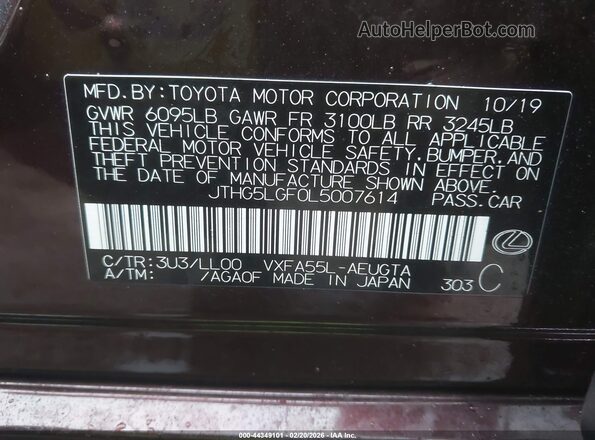 JTHG5LGF0L5007614 2020 LEXUS LS 500 Burgundy ძრავის განყოფილების ხედი
