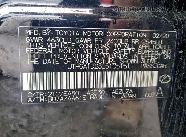 JTHGA1D23L5105151 2020 LEXUS IS Black Вид наклейки з VIN-кодом