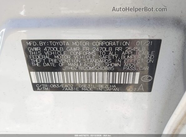 JTHGZ1B20M5040885 2021 LEXUS IS 350 White Շարժիչի բաժամունքի տեսք