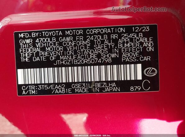 JTHGZ1B20R5074798 2024 LEXUS IS 350 Red Vista del compartimento del motor