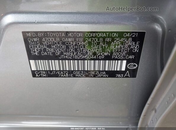 JTHGZ1B25M5044169 2021 LEXUS IS 350 Gray 