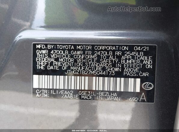 JTHGZ1B27M5044173 2021 LEXUS IS 350 Gray Widok komory silnika