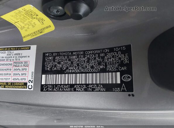 JTHHA5BC9G5000627 2016 LEXUS RC 200T Beige Vista del compartimento del motor