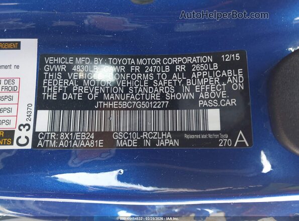 JTHHE5BC7G5012277 2016 LEXUS RC 350 Blue Vista del compartimento del motor