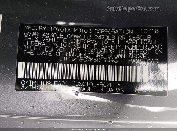JTHHZ5BC7K5019498 2019 LEXUS RC 350 Gray Vista del compartimento del motor