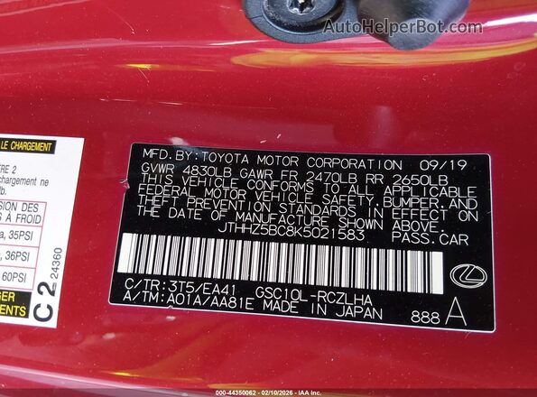 JTHHZ5BC8K5021583 2019 LEXUS RC 350 Red ძრავის განყოფილების ხედი