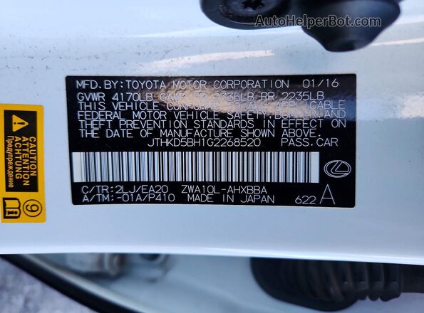 JTHKD5BH1G2268520 2016 LEXUS CT White Engine compartment view