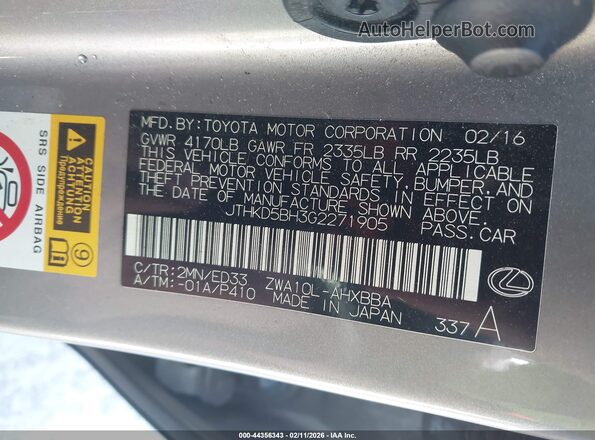 JTHKD5BH3G2271905 2016 LEXUS CT 200H Silver Widok komory silnika