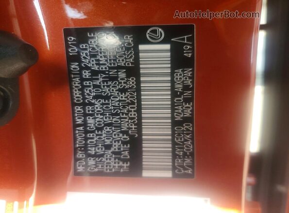 JTHP3JBH0L2021386 2020 LEXUS UX Orange Vista del compartimento del motor