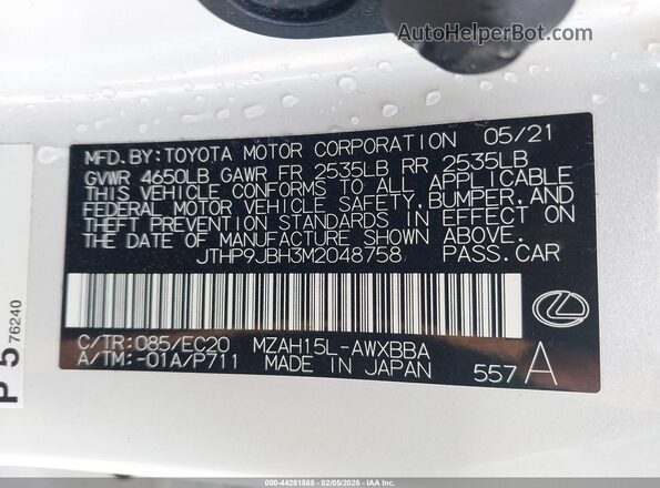 JTHP9JBH3M2048758 2021 LEXUS UX 250H White Vista del compartimento del motor