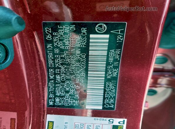 JTHP9JBH7N2063040 2022 LEXUS UX Red Widok naklejki z numerem VIN