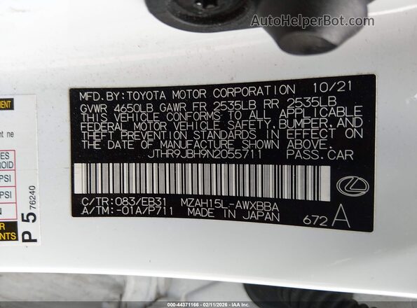 JTHR9JBH9N2055711 2022 LEXUS UX 250H White Շարժիչի բաժամունքի տեսք