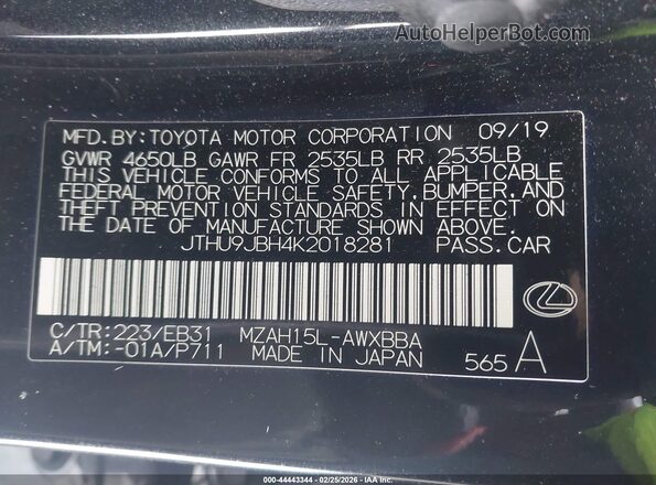 JTHU9JBH4K2018281 2019 LEXUS UX 250H Black Вид підкапотного простору