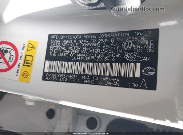 JTHU9JBH9K2013416 2019 LEXUS UX 250H White Widok komory silnika