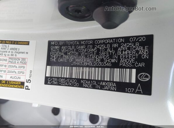 JTHX3JBH0L2030346 2020 LEXUS UX 200 White Вид підкапотного простору