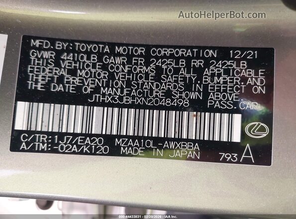 JTHX3JBHXN2048498 2022 LEXUS UX 200 Silver ძრავის განყოფილების ხედი
