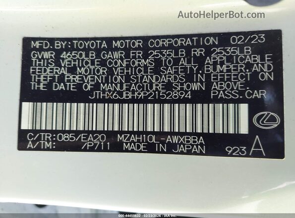 JTHX6JBH9P2152894 2023 LEXUS UX 250H White Widok komory silnika