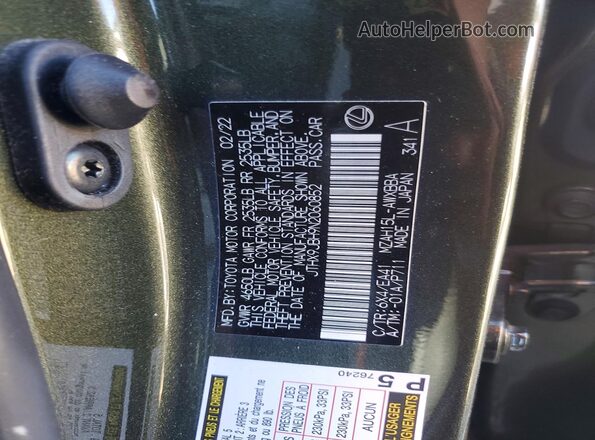 JTHX9JBH9N2060852 2022 LEXUS UX Green Vista de la etiqueta del VIN