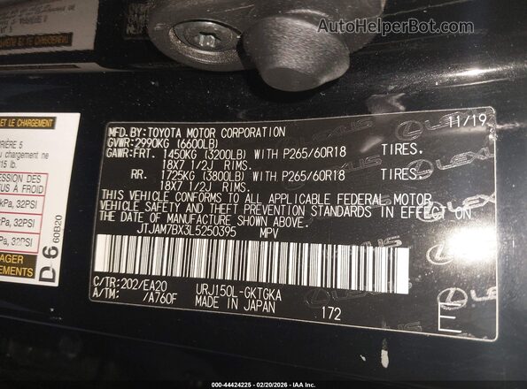 JTJAM7BX3L5250395 2020 LEXUS GX 460 Черный Вид подкапотного пространства