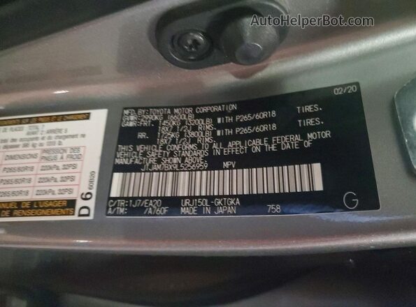 JTJAM7BX9L5256959 2020 LEXUS GX Silver Vista de la etiqueta del VIN