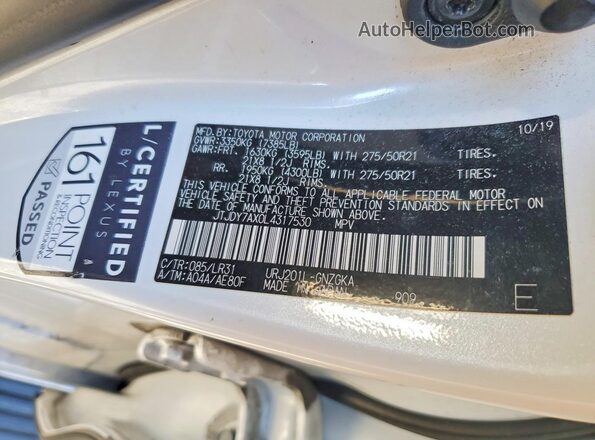 JTJDY7AX0L4317530 2020 LEXUS LX White Widok naklejki z numerem VIN