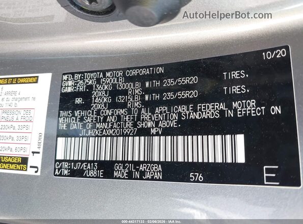 JTJHZKEAXM2019927 2021 LEXUS RX 350L Silver Vista del compartimento del motor